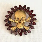 Antique Edwardian Memento Mori Skull Gilded Garnets Big Skull Pin Brooch