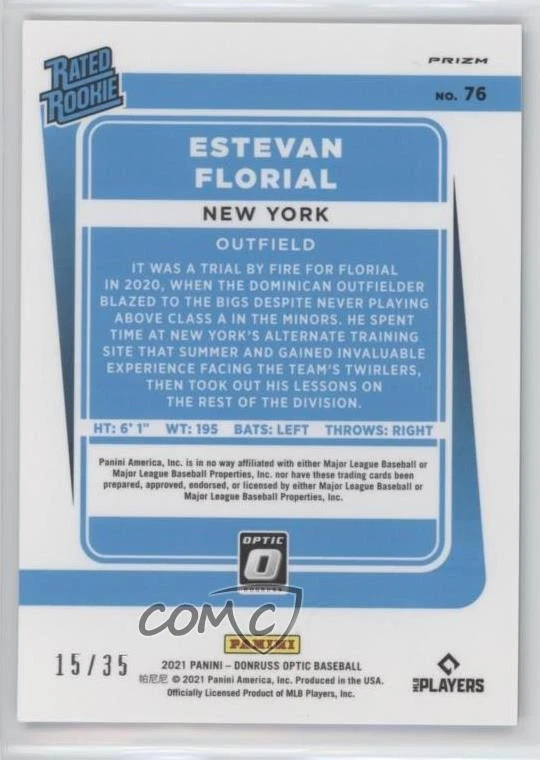 2021 Donruss Optic Rated Teal Velocity Prizm /35 Estevan Florial #76 Rookie RC - Image 2 of 2