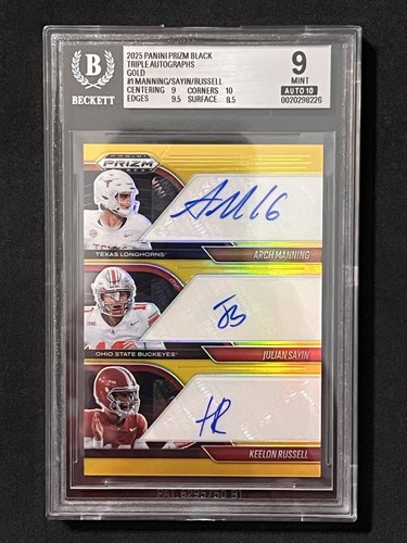 2025 Prizm Black Russell/Sayin/Manning GOLD Triple Auto /10 SSP BGS 9 Auto 10