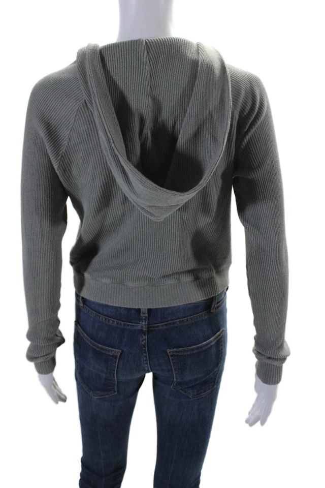 Monrow Mujer Algodón Tejido Acanalado Manga Larga Capucha Cárdigan Suéter Gris Talla S Foto 4 de 4