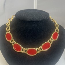 Vintage Napier Glossy Gold Tone Red Enamel Chunky Choker Collar Necklace