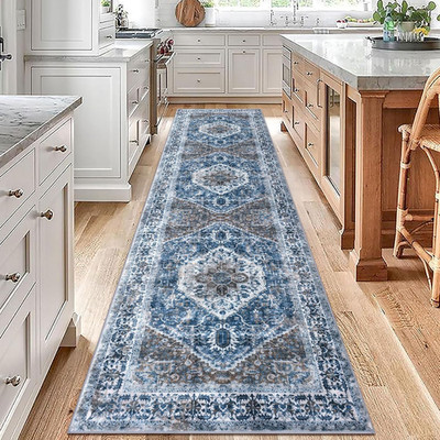 Boho Blue Printed Washable Runner Rug for Hallways and Stairs 2.6x10 Ft
