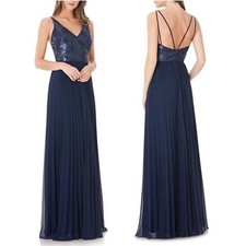 NEW Carmen Marc Valvo Infusion Sequin & Pleat Gown Maxi Dress Navy Blue 16