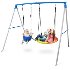 440lbs 3 IN1 Metal Swing Set for Kids Backyard Playground Playset with 2 Swings