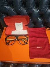 GUCCI GG0479S 001 Black Gold Oversized Aviator Sunglasses Amber Lens NIB Full...