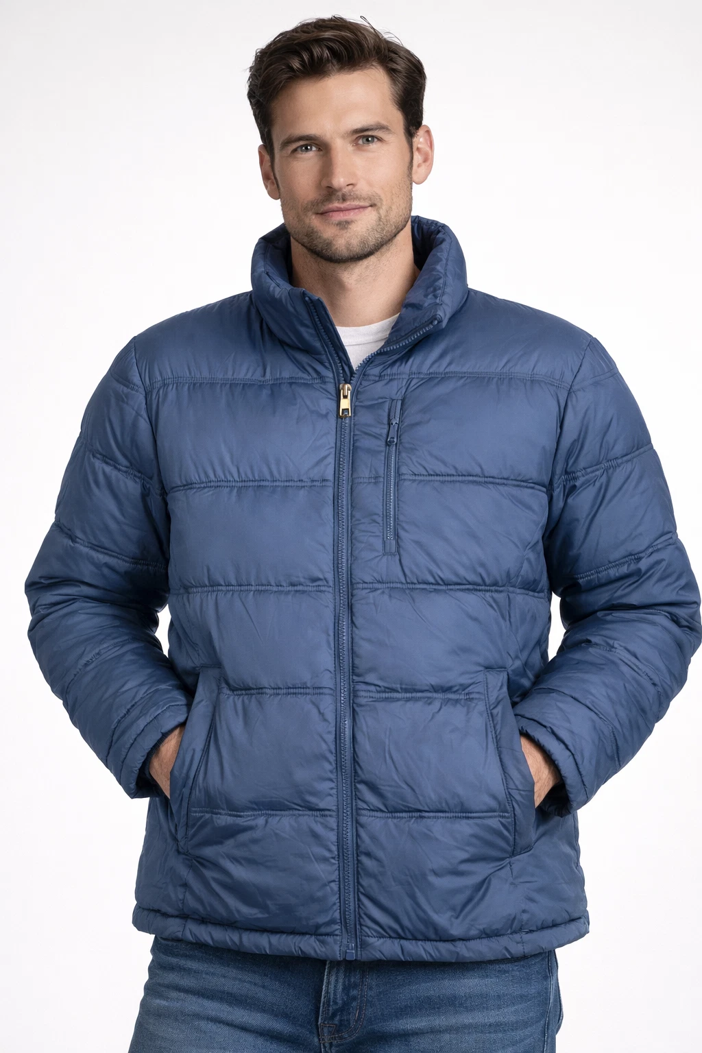 Lands' End Down Puffer Jacket Mens Large Blue Full Zip Quilted Warm Winter