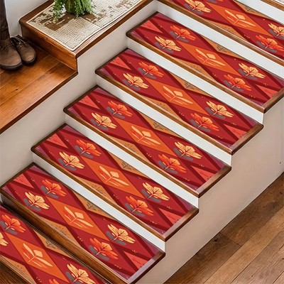 2D Flat Red-Orange Autumn Leaf Pattern Stair Treads, Machine Washable and Easy