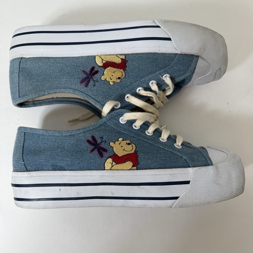Sneakers vintage Disney Winnie The Pooh denim platform donna 9,5 ricamate anni 90 Y2K - Foto 12 di 19