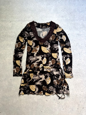 SS 2005 Roberto Cavalli Archive Japan Dragons Pattern Silk Mini Dress V-neck