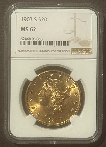 1903-S $20 GOLD LIBERTY DOUBLE EAGLE Classic Coin Graded by NGC MS62: 10240