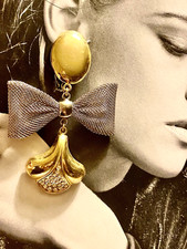 ITALIAN FASHION JEWELRY MESH BOW PAVE CRYSTAL LONG DROP CLIP EARRING~ 3"~VTG NOS