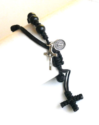 Black Ros. Bracelet with Silver Tone S. Benedict Crucifix & Medal + Woven Cross
