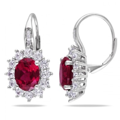 5 6/7 Ct 925 Silver Lever Back Hoop Earrings Ruby & Simulated Diamond