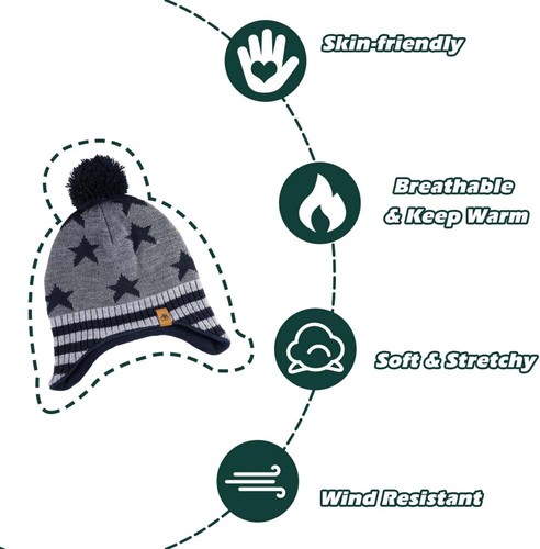 Children's Warm Knitted Bobble Hat Fleece Lining Earflap Ski Cap Kids Winter - Picture 2 of 11