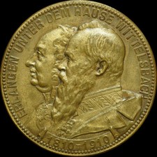 ERLANGEN / BAYERN: Medaille 1910. 100 JAHRE ZUGEHÖRIGKEIT ZUM HAUS WITTELSBACH.