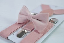 Blush Dusty Rose Pink Velvet Bow tie  Matched Elastic Suspenders for all ages