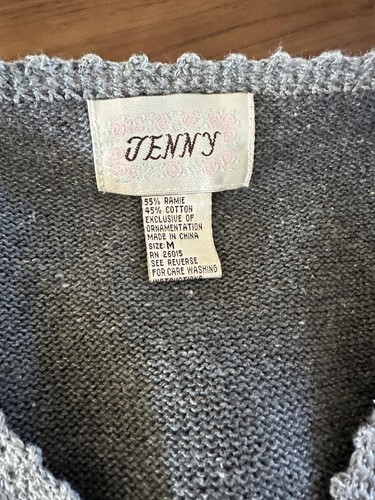 Vintage Jenny Grey Granny Sweater Cardigan with Crewel Floral Accents SIZE M - Picture 6 of 6