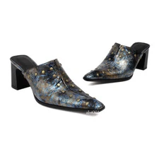 Occident Womens Pointed Toe Mules Slippers Slip on Rivet 7cm Block Heel Shoes Sz