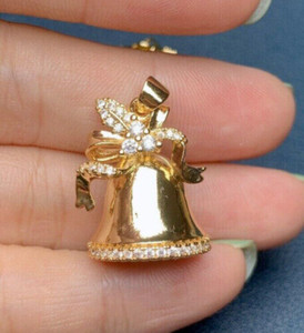 Authentic 1Ct Round Real Moissanite Christmas Bell Pendant 14K Yellow Gold Plated Silver