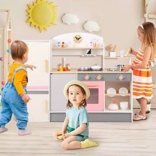 Kids Chef Play Kitchen Set Toddlers Wooden Pretend Toy Playset with Range Hood
