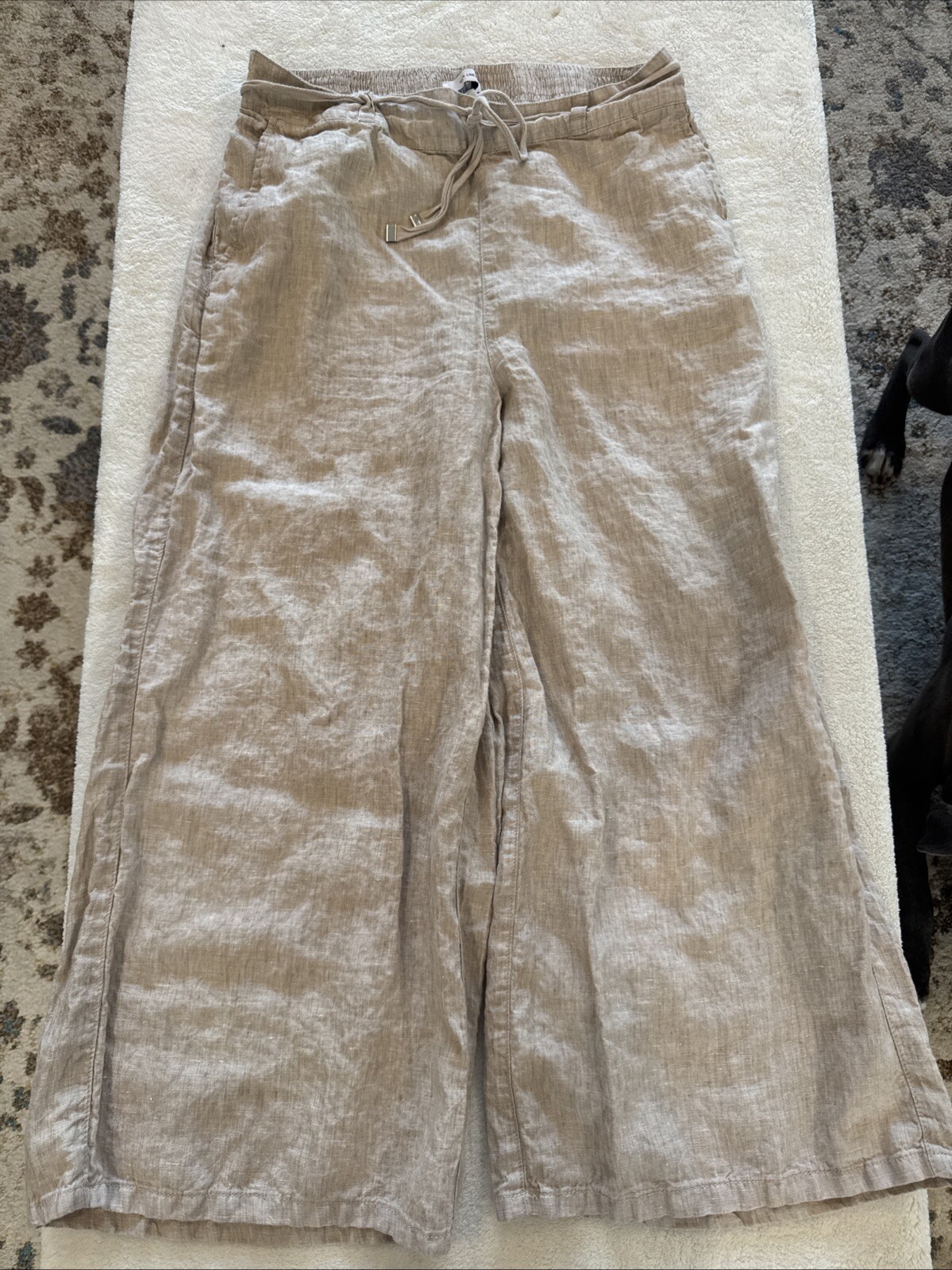 Halston Natural Beige 100% Linen Wide Leg Capri Pants With Pockets Size L