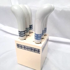 Vtg 6 Ceramic Stainless Cheese Knife Spreader Set Wood Block Blue Cottage Taiwan