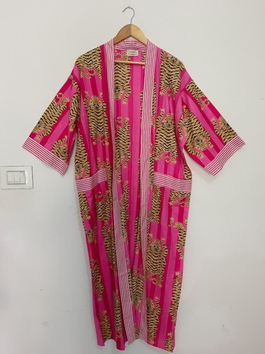 Indian Cotton TIGER Print Nightwear Dress Long Kimono Bath Robe Sleepwear Robes - Picture 7 of 12