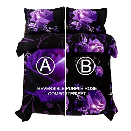 Comforter Set Twin Reversible Rose Pattern Printed Twin(90"x68") Purple