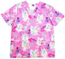 The Wonderful World Of Disney Nurse Scrub Top Sz S Tinker Bell Pink Floral Pixie