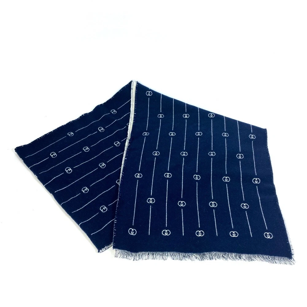 UNUSED GUCCI 595718 Fashion Accessories Scarf logo Scarf wool Blue x gray
