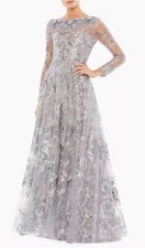 New Mac Duggal FLORAL EMBROIDERED ILLUSION LONG SLEEVE GOWN In Sterling 10 $498