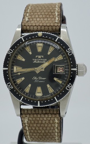 Technos ref 238872 Steel Auto 37mm Black Dial Sky Diver Date on Strap c.1960s
