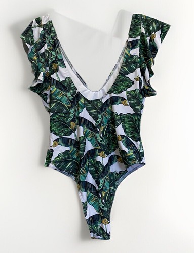 NWT XL Shein One Piece Green White Palm Leaves Flutter Ruffle Sleeve Swim Suit - Picture 2 of 7