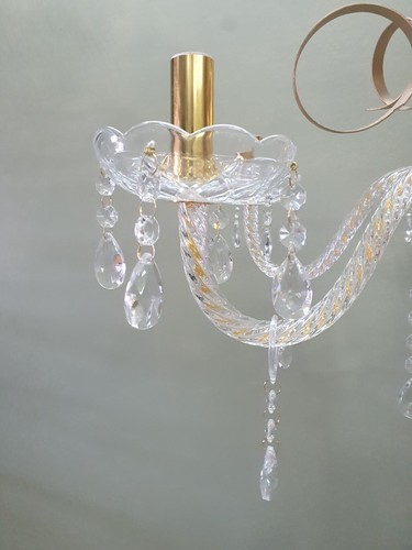LAMPADARIO A 6 LUCI IN VETRO E CRISTALLO CON RICCIOLI IN ORO - NUOVO NEGOZIO - Foto 8 di 9