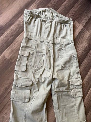 Strapless Jumpsuit Cargo Khaki Green Baggy Stretch Denim 90s Women’s Size Large - Picture 5 of 5