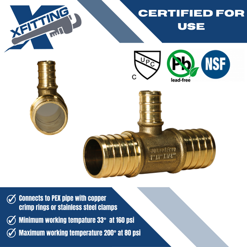10 PIECES 1" X 1" X 1/2" PEX TEE BRASS CRIMP FITTINGS - PEX B PIPE, LEAD FREE - Picture 3 of 8