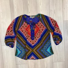 Figueroa  Flower Boho Paisley Geometric Print Peasant Blouse Blue Red Large
