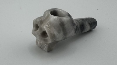 Hand Carved Skull Stone Smoking Pipe Black White 2in Broken Jaw As-Is