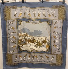 HERMES Carre 90 Scarf LES PLAISIRS DU FROID Blue Gold Silk Women Auth