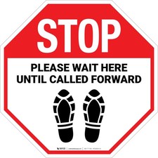 STOP: Please Wait Here Until Called Forward Shoe Prints Floor Sign