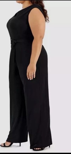 Anne Klein Women Black Crewneck Wide-Leg Belted Jumpsuit Plus Size 3X - Picture 2 of 4