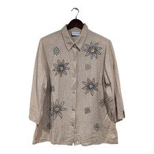 Alfred Dunner 100 Silk Beige Beaded Blouse Sz 16 3/4 Sleeve Top Boho HippieCore