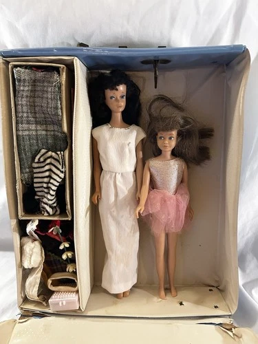 Vintage 1960s Mattel Barbie Doll & Skipper Doll Lot, Storage Case & Clothes