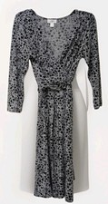 Anne Taylor LOFT Black Gray Geometric Wrap Dress V-Neck 3/4 Sleeve Medium