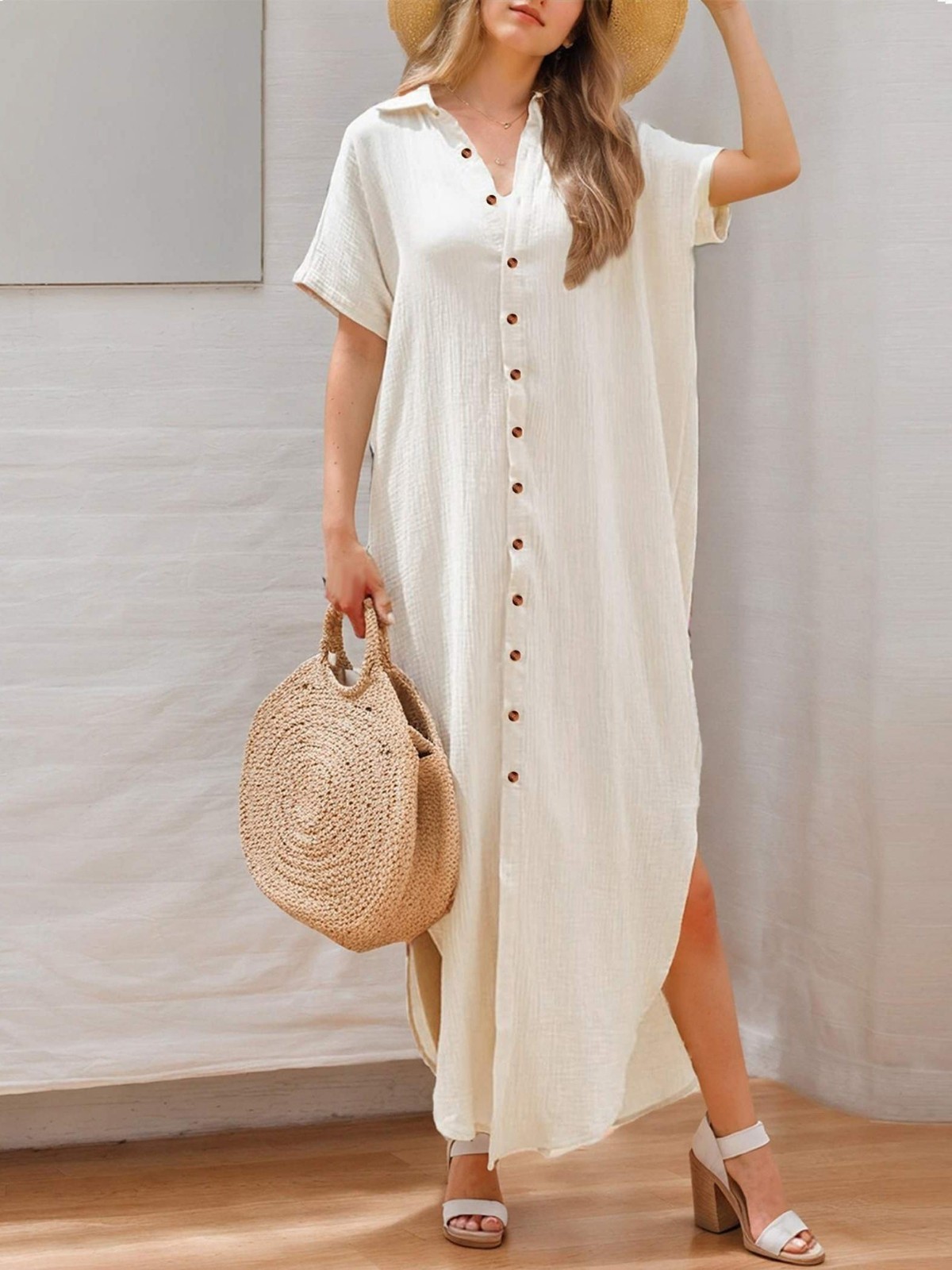 Women's Short Sleeve Long Beach Cover-Up Dress with Side Slit Casual