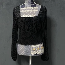 Self E Smocked Crop Top Womens Black Velvet Burnout Animal Print Blouson Sleeve