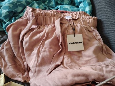NWT Charlotte Russe Women's Pink High-Waist Belted Paper Bag Shorts Large