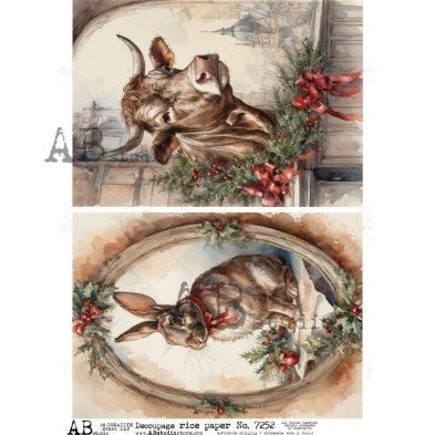 Christmas Rabbit & Cow #7252 | A4 Rice Paper | Paper for Decoupage | AB Studios