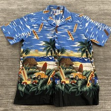 RJC Hawaii Camp Shirt Mens Small Blue Aloha Hawaiian Surf Cars Palm Made USA