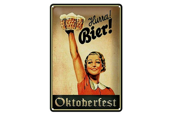 Schild Blech 20X30Cm - Made In Germany - Spruch Oktoberfest Hurra Frau Mit Bier-image